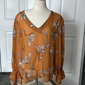 A New Day Blouse XL Bell Sleeve XL Goldish Black Floral Print